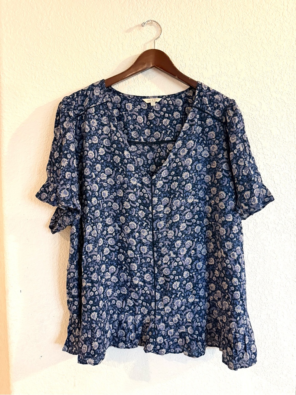 Lucky Brand Womens Shirt Blouse Blue Floral Short Sleeve Lace Plus Size 3X